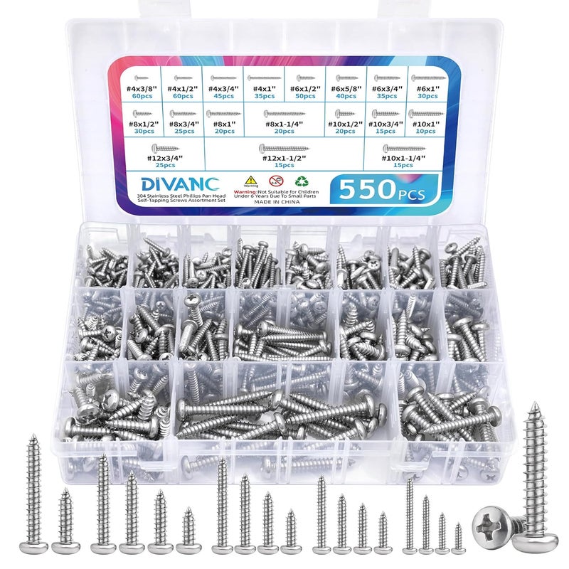 DIVANC 550Pcs 304 Stainless Steel Wood Screws Assortment Kit, Phillips Pan Head Sheet Metal Screw Self Tapping Screws Set, #4#6#8#10#12 Wood Assorted Screws, Length 1/4" to 1-1/2" (Pan Head 550PCS) - Image 1